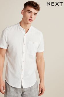 White Grandad Collar Linen Blend Short Sleeve Shirt (U69601) | $61