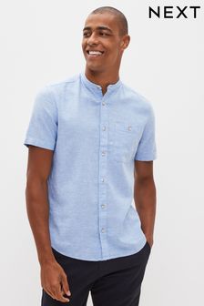 Hellblau - Linen Blend Short Sleeve Shirt With Grandad Collar (U69618) | 36 €