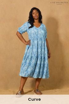 Live Unlimited Curve Blue Paisley Print Midi Dress (U69680) | €113