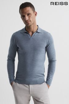 Reiss Denim Melange Milburn Merino Wool Open Collar Polo Shirt (U70194) | SGD 243