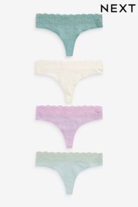 Green/Lilac Purple/Cream Thong Lace Trim Cotton Blend Knickers 4 Pack (U70415) | 18 €