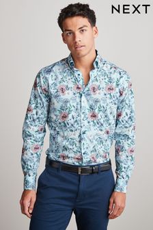 Light Blue Floral Regular Fit Single Cuff Printed Trimmed Shirt (U71041) | ￥5,540