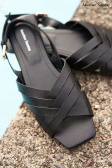 Another Sunday Plaited Black Sandals With Gold Buckle Detail