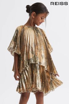 Reiss Gold Rhea Senior Metallic Pleated Tiered Dress (U71810) | OMR104