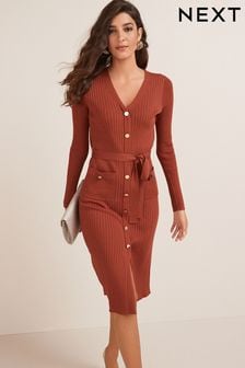 Rust Brown Ribbed Button Up Tie Waist Midi Dress (U72181) | CA$99