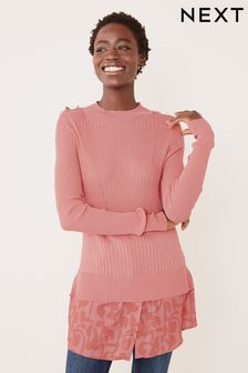 Blush Pink Button Detail Ribbed Knit Shirt Layer Top (U72232) | €21