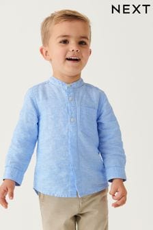  (U72310) | €19 - €22 Blu - Camicia in misto lino con collo serafino (3 mesi - 7 anni)