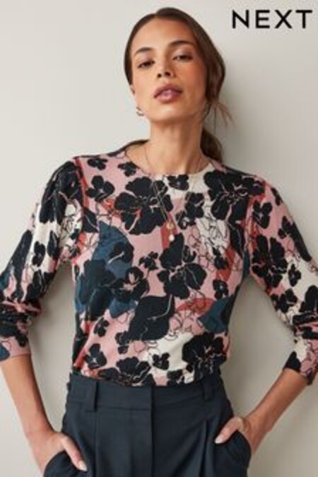 Pink Rose Print Crew Neck Jumper (U72403) | 36 €