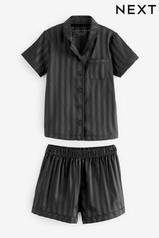 Black Stripe Satin Button Through Short Pyjamas (6-16yrs) (U72459) | €14 - €17