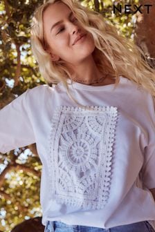 White Placement Crochet T-Shirt (U72892) | KRW42,700