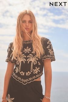 Black and Gold Palm Print Broderie Short Sleeve Top (U72897) | $53