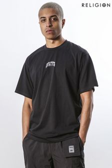 Religion Black Oversized Fit Soft Cotton T-Shirt Small Graphic (U73103) | KRW81,100