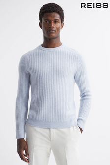 Reiss Soft Blue Melange Millerson Wool-Cotton Textured Crew Neck Jumper (U74305) | €186
