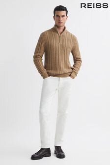 Reiss Camel Bantham Cable Knit Half-Zip Funnel Neck Jumper (U74328) | $226