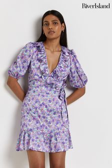 River Island Purple Puff Sleeve Frill Wrap Mini Dress (U74354) | OMR20