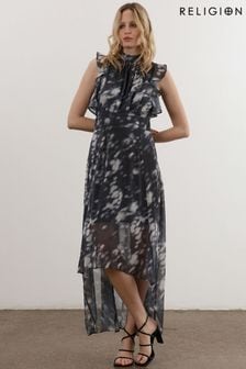 Religion Black High Low Eclipse Maxi Dress with Ruffle Sleeve (U74379) | €189