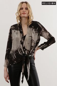 Religion Black Print Long Sleeve Tie Front Double Layer Top (U74380) | 472 SAR