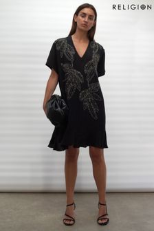 Religion Black Loose Tunic Dress In Crepe with Hand Beading Leaf Motifs (U74411) | ₪ 553
