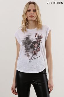 Religion White Cut Off Style T-Shirt with Skull Graphic and Beading (U74412) | 80 €