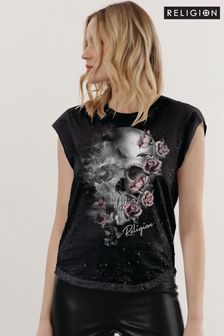 שחור עם הדפס - חולצת טי מתוקה של Religion עם כיתוב Change בשילוב חיתוכים וחרוזים (U74413) | ‏262 ‏₪