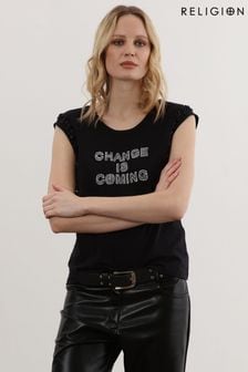 Črna - Religion majica s kratkimi rokavi z okrasnim izrezom in napisom Change (U74414) | €29