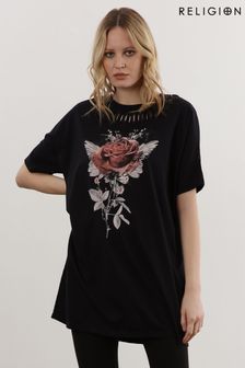 Religion Black Oversized T-Shirt Dress with Rose Graphic and Hand Beading (U74417) | INR 8,377