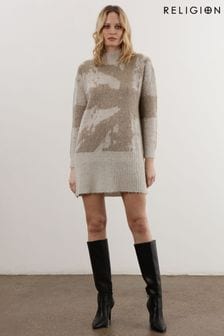 Religion Natural High Neck Jumper Tunic Dress In Neutral Pattern (U74428) | €114