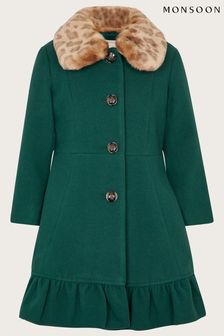 Monsoon Green Ruffle Hem Faux Fur Collar Coat (U74450) | 195 zł - 227 zł