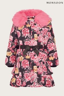 Розовое дутое пальто с цветочным принтом и оборками Monsoon (U74455) | €42 - €49