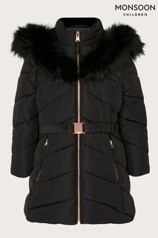 Черный - Пальто с искусственным мехом на капюшоне и поясом Monsoon (U74474) | €77 - €90