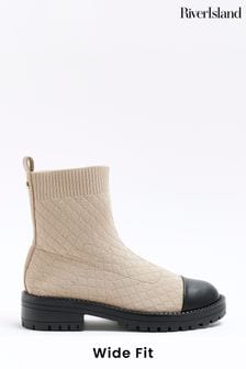 River Island Cream Wide Fit Quilted Sock Boots (U74556) | $56