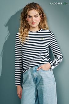 Lacoste Womens White/navy Striped Jersey T-shirt (U74607) | €103