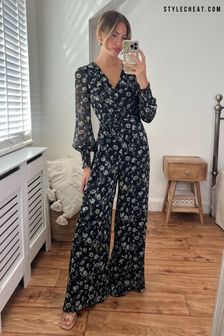 Style Cheat Black Floral Carly Wide Leg Wrap Jumpsuit (U74658) | OMR39