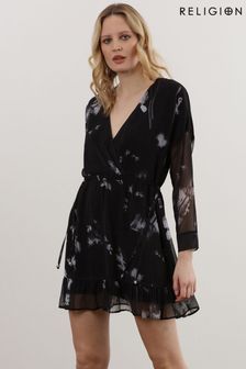 Coal Black - Religion Long Sleeve Mini Dress With Tied Waist And Ruffle Hem (U74661) | kr1 250