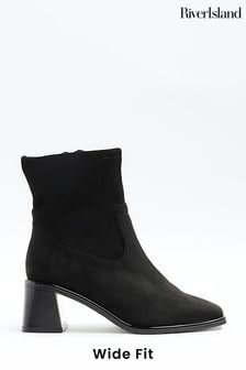 River Island Black Wide Fit Block Heel Socks Boots (U74664) | $62