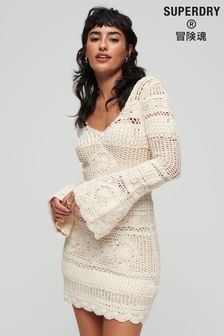 Superdry Cream Crochet Flared Sleeve Mini Dress (U74733) | €75