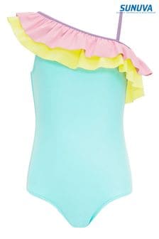 Sunuva Pink Pastel Colourblock One Shoulder Frill Swimsuit (U74746) | $86