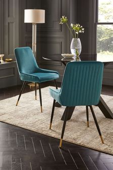 Set of 2 Soft Velvet Teal Blue Piano Non Arm Dining Chairs (U74822) | €305