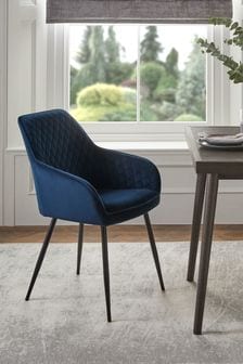 Set of 2 Soft Velvet Navy Blue Black Legs Hamilton Arm Dining Chairs (U75068) | €365