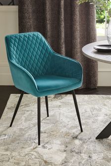 Set of 2 Soft Velvet Teal Blue Black Leg Hamilton Arm Dining Chairs (U75069) | €365