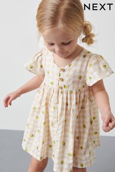  (U75153) | €12 - €16 Ecru/groen met appelprint - Fruit Print Cotton Gingham Dress (3 mnd-8 jr)