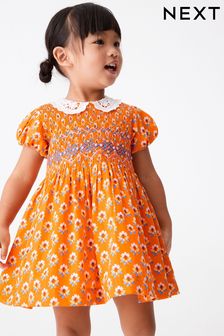 Orange Geo Printed Lace Collar Shirred Cotton Dress (3mths-8yrs) (U75166) | €14 - €16