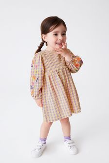  (U75175) | HK$166 - HK$201 淺紫色抽褶 - 刺繡棉質連衣裙 (3個月至7歲)