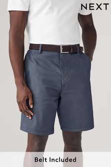 Navy Textured Cotton Blend Chino Shorts with Belt Included (U75192) | $36