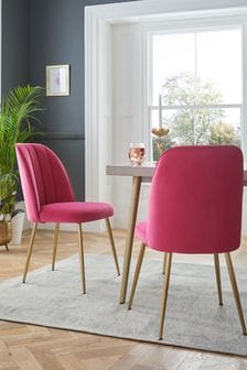 Set of 2 Soft Velvet Fuchsia Pink Brushed Gold Leg Stella Non Arm Dining Chairs (U75259) | €305