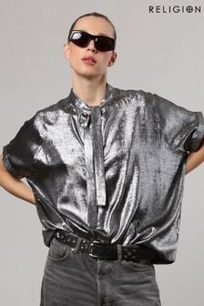 Religion Silver Oversized Blouse With Neck Tie (U75342) | 92 €