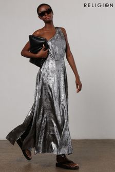 Religion Silver One Shoulder Maxi Dress In Silver Foil Textured Fabric (U75344) | $171