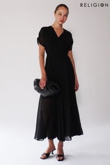 Religion Black Wrap Maxi Dress with Full Skirt In Soft Georgette (U75354) | $145