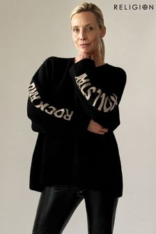 Religion Black Oversized Rock N' Roll Jumper In Soft Yarn (U75359) | $147