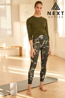 khaki green floral print Next Active Yoga 7/8 Sports Sculpting Leggings (U75429) | KRW37,300